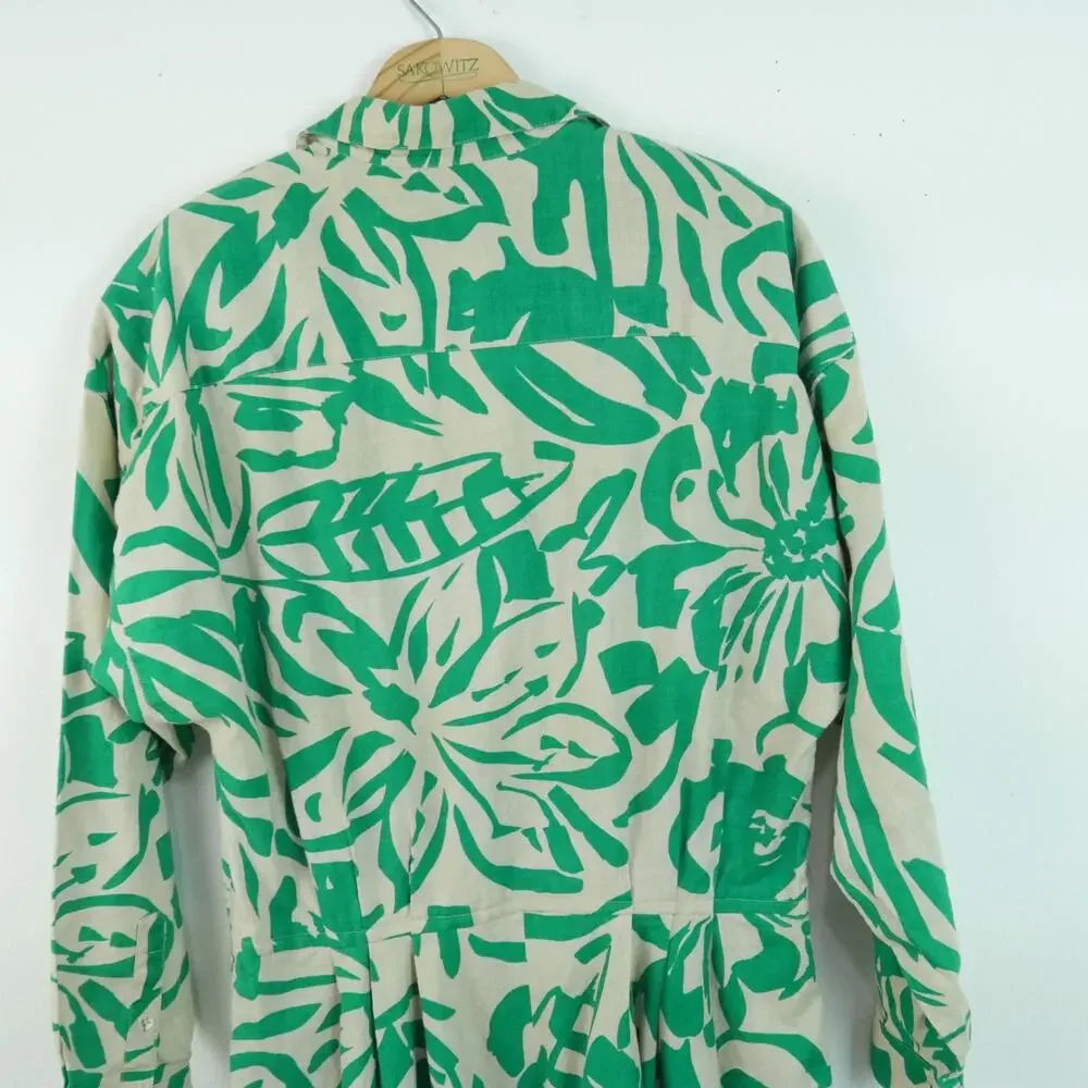 Vintage 80s Linen Blend Shirt Dress Modest Fit Flare 12 Resort Tropical Retro - Picture 12 of 12